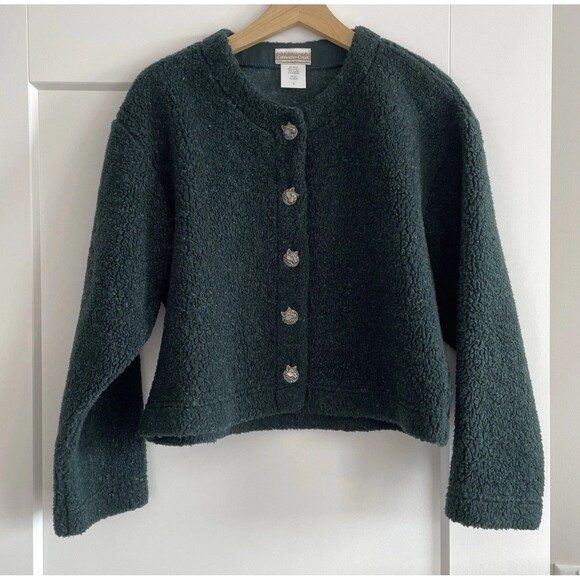 90s Vintage Coldwater Creek Green Sherpa Cardigan Jacket Wolf Buttons Womens S - Picture 1 of 11
